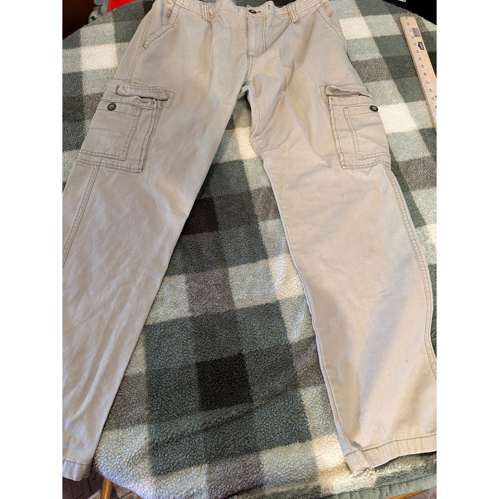 Plugg Mens Khaki Tan Cargo Pants 34x32 Cotton Twill Elastic Waist Utility Work‎